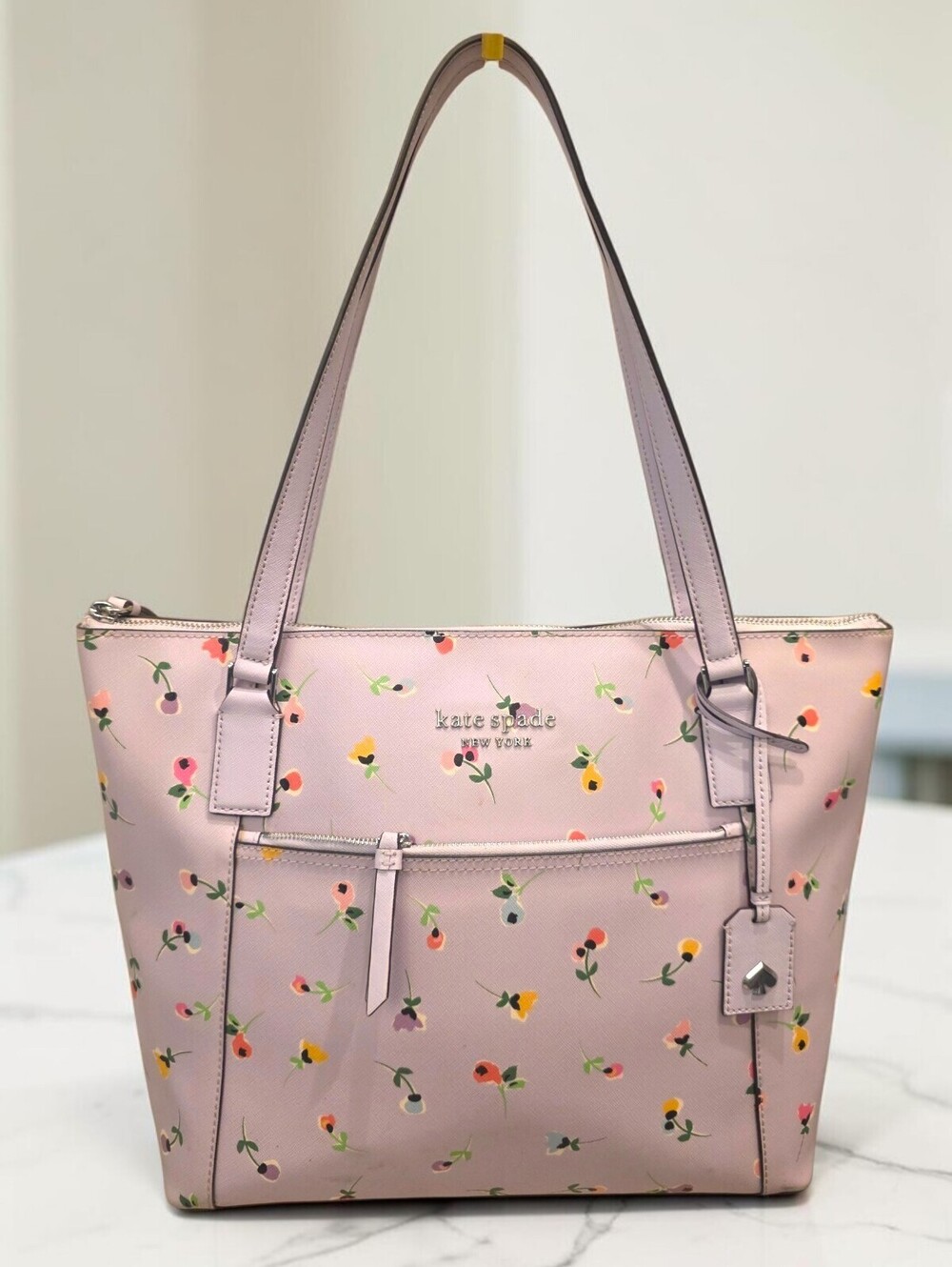 Kate Spade Light Pink Floral Large Tote Shoulder Bag Front Zip Pocket w/ Charm